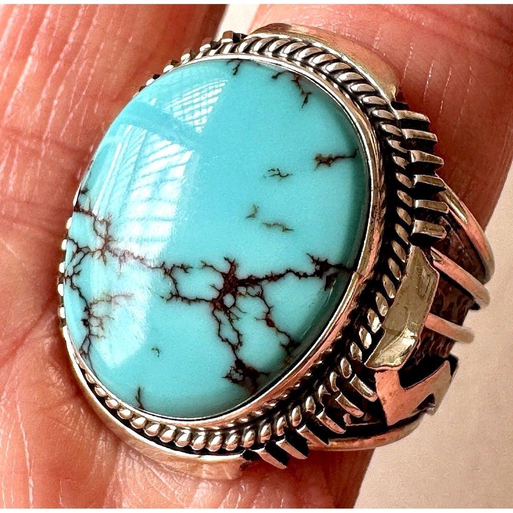 Big Navajo Mens Turquoise Ring Sz 10 Lightning Signed Denetdale Sterling‎ Native